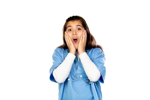 Ragazza Divertente Con Uniforme Medico Blu Isolato Uno Sfondo Bianco — Foto Stock