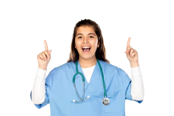 Ragazza Divertente Con Uniforme Medico Blu Isolato Uno Sfondo Bianco — Foto Stock