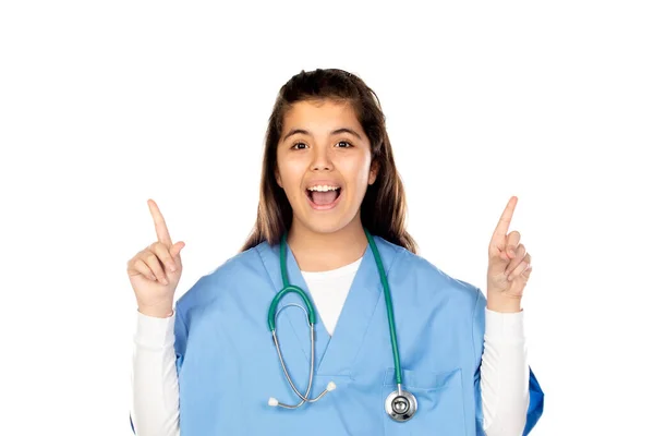 Vtipné Dívka Modrým Lékařem Uniforma Izolované Bílém Pozadí — Stock fotografie