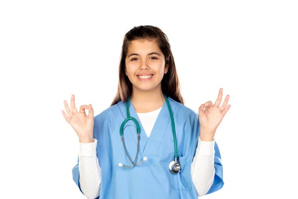 Grappig Meisje Met Blauw Arts Uniform Geïsoleerd Een Witte Achtergrond — Stockfoto