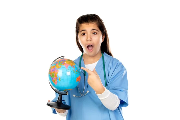 Menina Engraçada Com Uniforme Médico Azul Isolado Fundo Branco — Fotografia de Stock