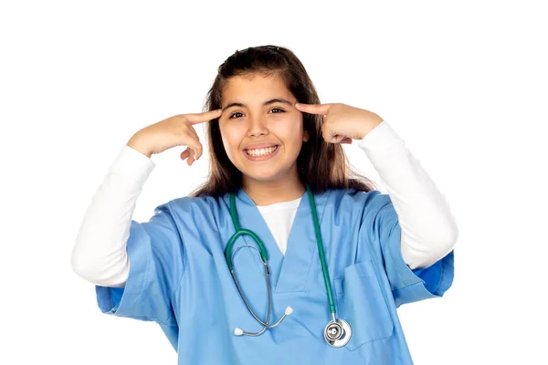 Ragazza Divertente Con Uniforme Medico Blu Isolato Uno Sfondo Bianco — Foto Stock