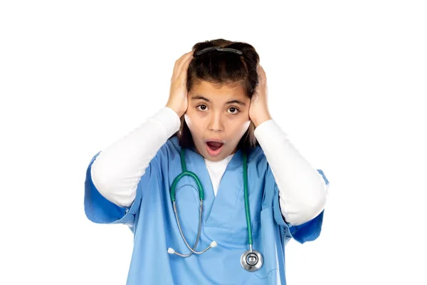 Grappig Meisje Met Blauw Arts Uniform Geïsoleerd Een Witte Achtergrond — Stockfoto