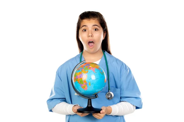 Menina Engraçada Com Uniforme Médico Azul Isolado Fundo Branco — Fotografia de Stock