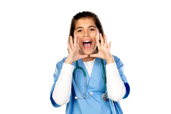 Смішна Дівчина Синьою Лікарською Формою Ізольована Білому Тлі — стокове фото