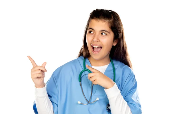 Ragazza Divertente Con Uniforme Medico Blu Isolato Uno Sfondo Bianco — Foto Stock