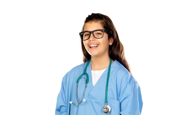 Grappig Meisje Met Blauw Arts Uniform Geïsoleerd Een Witte Achtergrond — Stockfoto