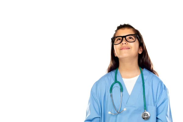 Menina Engraçada Com Uniforme Médico Azul Isolado Fundo Branco — Fotografia de Stock