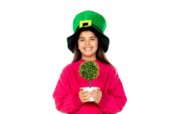 Adorable Chica Con Gran Sombrero Verde Aislado Sobre Fondo Blanco — Foto de Stock