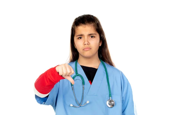 Ragazza Divertente Con Uniforme Medico Blu Isolato Uno Sfondo Bianco — Foto Stock