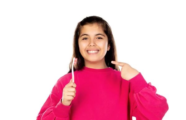 Adorable Preteen Girl Pink Jersey Isolated White Background Royalty Free Stock Photos