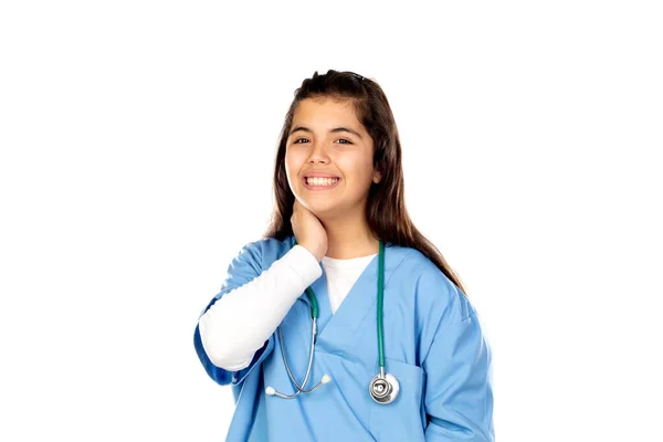 Chica Divertida Con Uniforme Médico Azul Aislado Sobre Fondo Blanco Fotos de stock libres de derechos