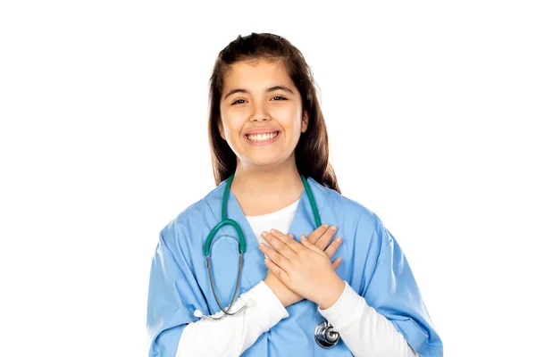 Menina Engraçada Com Uniforme Médico Azul Isolado Fundo Branco — Fotografia de Stock