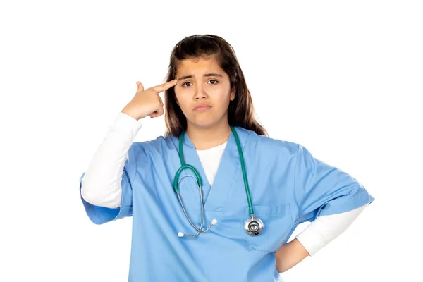 Αστεία Κοπέλα Μπλε Στολή Γιατρού Απομονωμένη Λευκό Φόντο — Φωτογραφία Αρχείου
