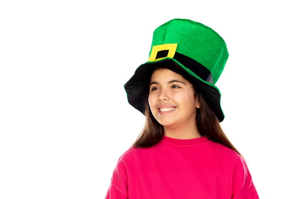 Adorabile Ragazza Con Grande Cappello Verde Isolato Uno Sfondo Bianco — Foto Stock