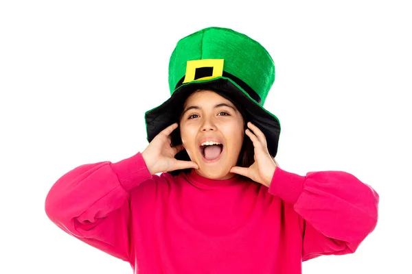 Adorable Chica Con Gran Sombrero Verde Aislado Sobre Fondo Blanco —  Fotos de Stock