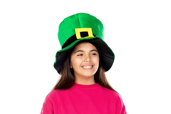 Adorable Chica Con Gran Sombrero Verde Aislado Sobre Fondo Blanco — Foto de Stock