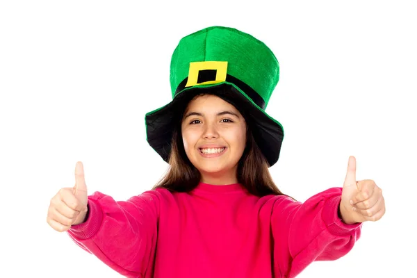 Adorable Fille Avec Grand Chapeau Vert Isolé Sur Fond Blanc — Photo