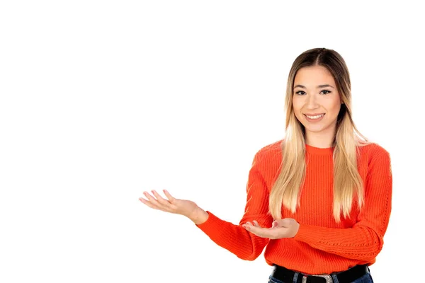 Mulher Loira Bonita Com Camisa Vermelha Isolada Fundo Branco — Fotografia de Stock