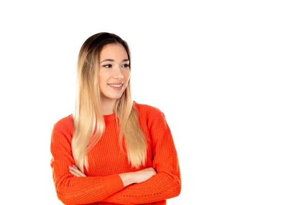 Mujer Rubia Bonita Con Camiseta Roja Aislada Sobre Fondo Blanco — Foto de Stock