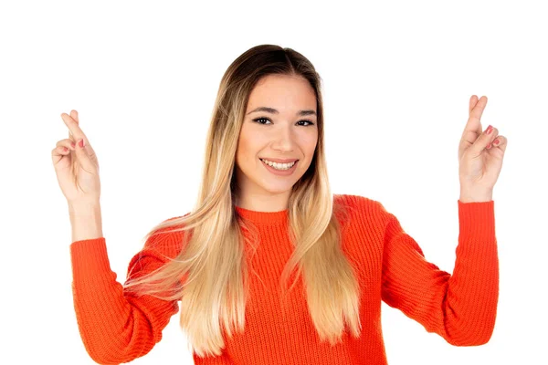 Mooie Blonde Vrouw Met Rode Trui Geïsoleerd Een Witte Achtergrond — Stockfoto