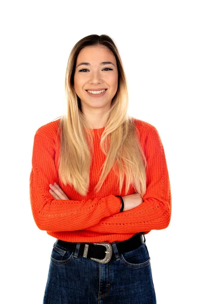 Mulher Loira Bonita Com Camisa Vermelha Isolada Fundo Branco — Fotografia de Stock