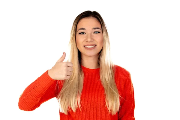 Mulher Loira Bonita Com Camisa Vermelha Isolada Fundo Branco — Fotografia de Stock