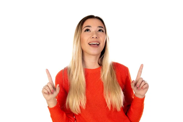 Mulher Loira Bonita Com Camisa Vermelha Isolada Fundo Branco — Fotografia de Stock