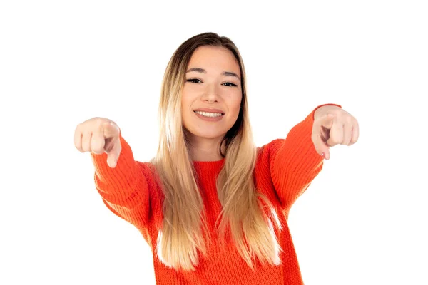 Pretty Blonde Woman Red Jersey Isolated White Background — Stock Photo, Image