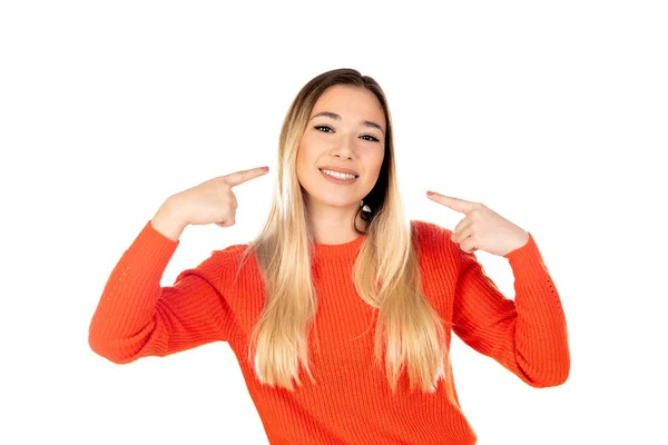 Mulher Loira Bonita Com Camisa Vermelha Isolada Fundo Branco — Fotografia de Stock