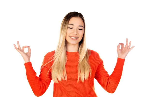 Mulher Loira Bonita Com Camisa Vermelha Isolada Fundo Branco — Fotografia de Stock