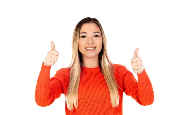 Mooie Blonde Vrouw Met Rode Trui Geïsoleerd Een Witte Achtergrond — Stockfoto