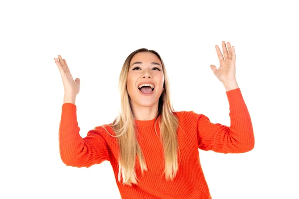 Mulher Loira Bonita Com Camisa Vermelha Isolada Fundo Branco — Fotografia de Stock