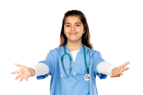 Chica Divertida Con Uniforme Médico Azul Aislado Sobre Fondo Blanco Imagen de archivo
