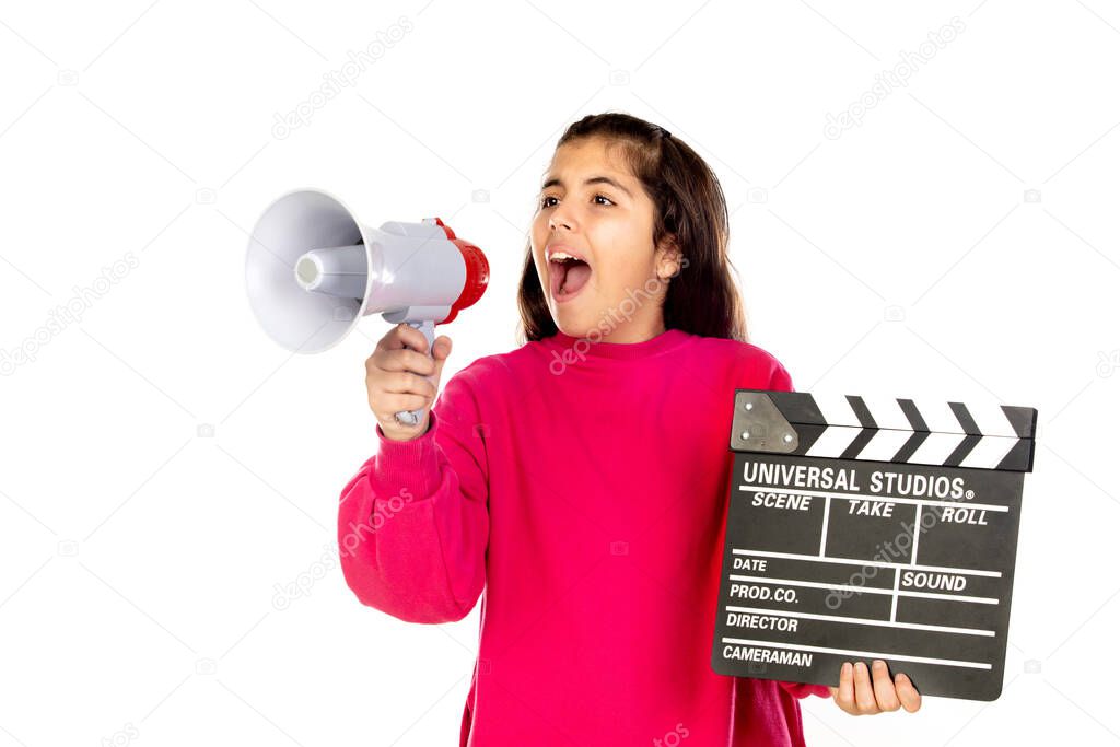 Adorable girl with a Clapperboard and a megaphone, isolated on a white background