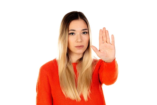 Bella Donna Con Jersey Rosso Isolato Uno Sfondo Bianco — Foto Stock