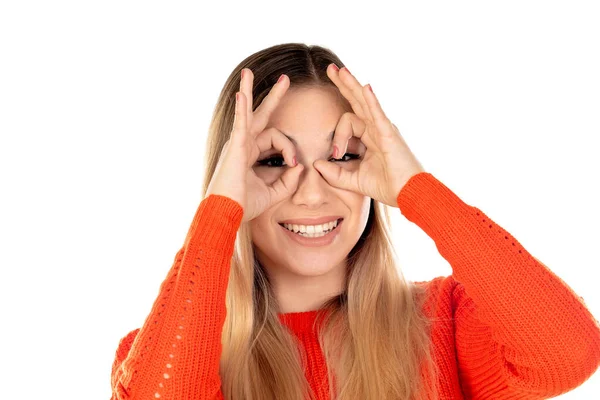 Hübsche Frau Mit Rotem Trikot Auf Weißem Hintergrund — Stockfoto