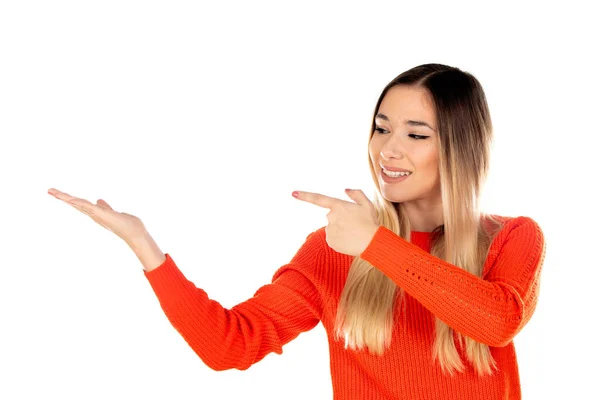 Mooie Vrouw Met Rode Trui Geïsoleerd Een Witte Achtergrond — Stockfoto