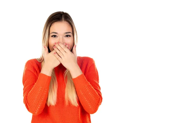 Pretty Blonde Woman Red Jersey Isolated White Background — Stock Photo, Image