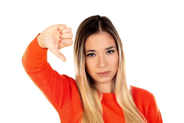 Mulher Loira Bonita Com Camisa Vermelha Isolada Fundo Branco — Fotografia de Stock