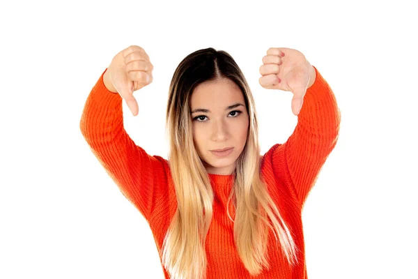 Mulher Loira Bonita Com Camisa Vermelha Isolada Fundo Branco — Fotografia de Stock