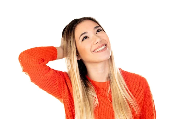 Mulher Loira Bonita Com Camisa Vermelha Isolada Fundo Branco — Fotografia de Stock