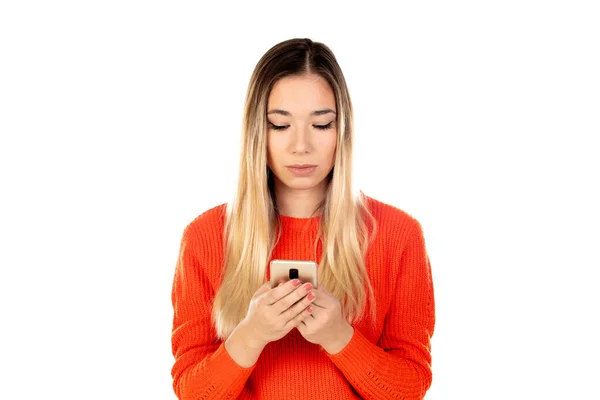 Pretty Blonde Woman Red Jersey Isolated White Background — Stock Photo, Image