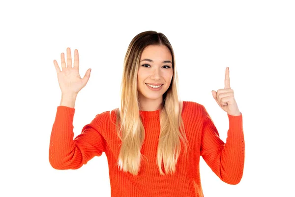 Mulher Loira Bonita Com Camisa Vermelha Isolada Fundo Branco — Fotografia de Stock