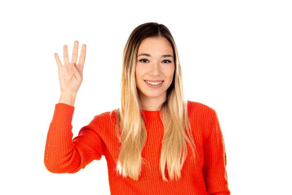 Mujer Rubia Bonita Con Camiseta Roja Aislada Sobre Fondo Blanco —  Fotos de Stock