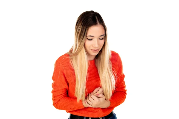 Mujer Bonita Con Jersey Rojo Aislado Sobre Fondo Blanco — Foto de Stock