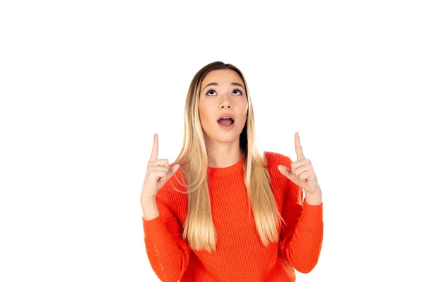 Mulher Bonita Com Camisa Vermelha Isolada Fundo Branco — Fotografia de Stock