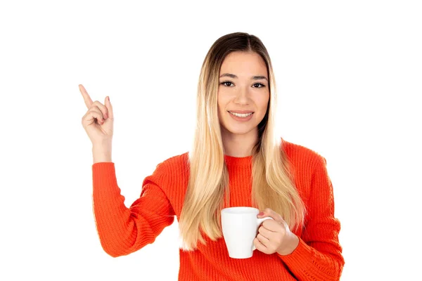 Mulher Bonita Com Camisa Vermelha Isolada Fundo Branco — Fotografia de Stock