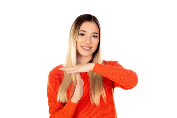 Mulher Bonita Com Camisa Vermelha Isolada Fundo Branco — Fotografia de Stock