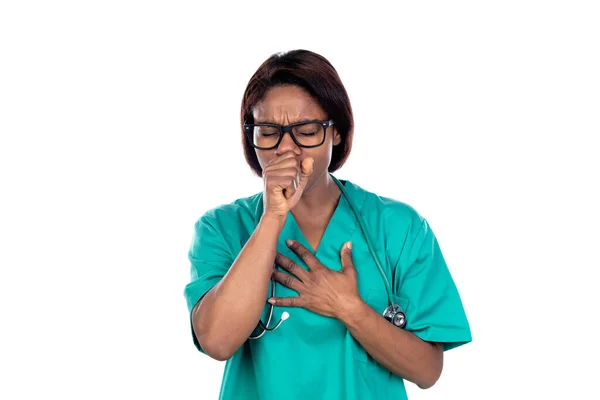 Médico Con Tos Uniforme Verde Aislado Sobre Fondo Blanco — Foto de Stock